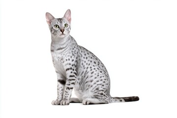 Elegant silver-spotted egyptian mau cat sitting gracefully against a bright white backdrop showcasing its striking features