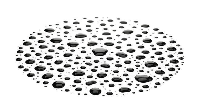 Drops of glossy black liquid scatter over a dark surface, revealing a wet texture with bubble effects and a dramatic reflective glow.