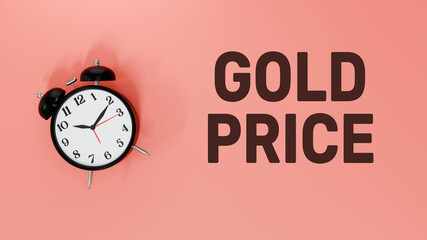 3D Rendered Alarm Clock with Gold Price Text, Market Trend and Economic Forecast Concept Illustration on Soft Peach Background