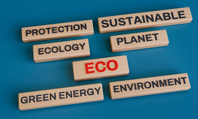3D Illustration of Eco and Sustainability Concept, Wooden Blocks with Words Eco, Ecology, Sustainable, Green Energy, Environment, Planet, Protection, Modern Minimalist Typography and 