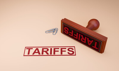 3D Rubber Stamp Illustration of Tariffs Text, Red Ink Stamp on Beige Background