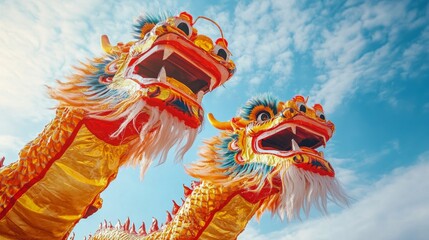 Bright Chinese dragons with open mouths against a blue sky symbolise a festive mood &mdash; an excellent decorative backdrop for cultural events and festivals.