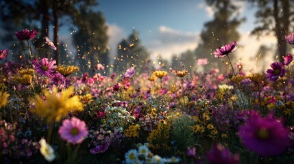 Vibrant Flower Field With Purple Yellow Pink Blooms Under A Bright Sky