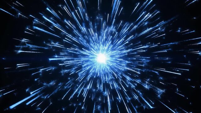 Blue sparks scattering explosively central flash futuristic cinematic surreal ethereal ambience cascading softly glowing abstract unique style seamless ultra realistic loop
