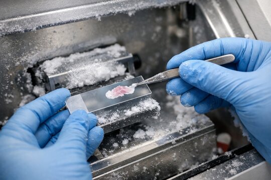Technician preparing frozen tissue slide inside laboratory cryostat machine
