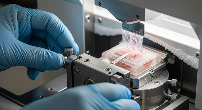Technician slicing frozen tissue sample with laboratory cryostat microtome