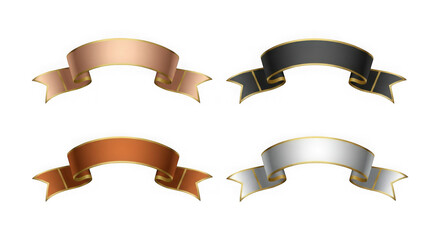 Collection of four metallic ribbons in gold, silver, black, and bronze colors isolated on transparent background