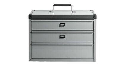 Silver metal storage case with drawers and a handle, isolated on black