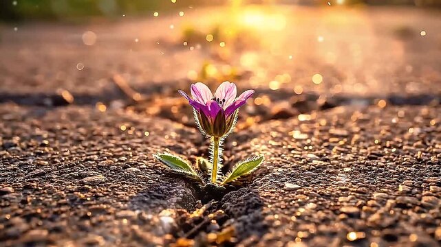 Small Purple Flower Growing Through Cracked Ground.