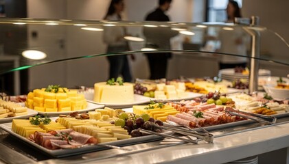 Obraz premium Curved glass sneeze guard elegantly encasing assorted cheeses and cold cuts at a buffet station with outoffocus diners creating a lively yet hygienic atmosphere.