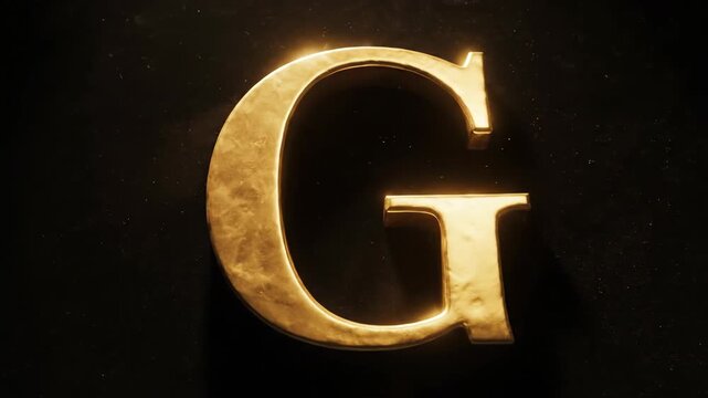 Golden letter G with textured surface and light effects on dark background