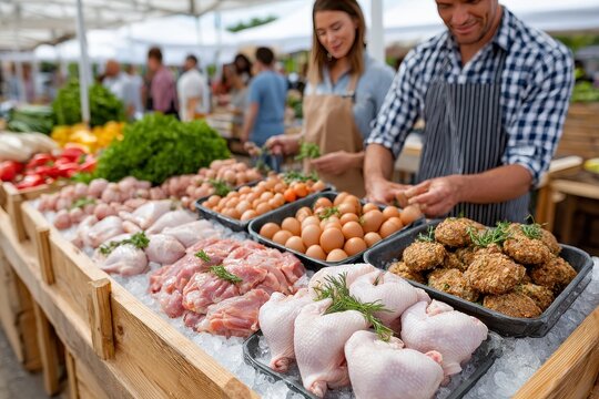  Mostrador de mercado con pollos crudos y preparados c&aacute;rnicos exhibidos en bandejas en un entorno cubierto.