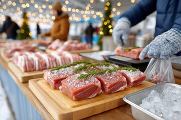  Cortes de carne marmoleada preparados sobre una tabla de madera en un mercado exterior con luces festivas.