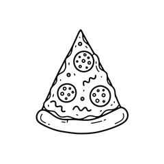 Slice of pepperoni pizza with cheese and toppings illustrated in outline style