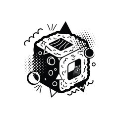 Abstract Memphis style sushi roll surrounded by geometric shapes and dots