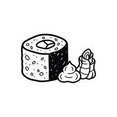 Black and white sushi roll with wasabi and ginger on white background