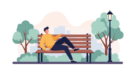 Fototapeta premium Man Relaxing on Park Bench A Moment of Leisure and Reflection.