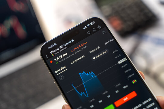 Nasdaq Vilnius or Vilnius Stock Exchange Corporation logo is displayed on the screen of a smartphone, in Bangalore, India, on February 12, 2026