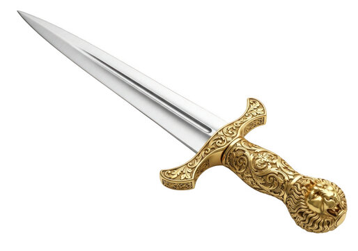A gold handled dagger with a silver blade