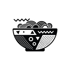 Black and white illustration of a bowl of ramen noodles in a patterned bowl