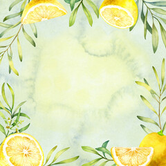 Hand drawn watercolor square frame with lemons and olive leaves on a green background.