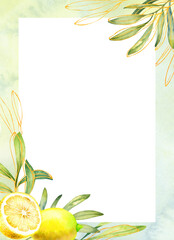 Hand drawn watercolor frame with lemons and olive branches in luxury design with a white background.