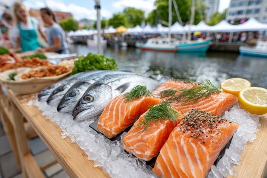  Pescados enteros y filetes de salm&oacute;n exhibidos sobre hielo en puesto al aire libre junto al puerto.