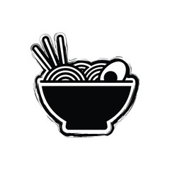 Black and white illustration of bowl of noodles with chopsticks and egg  Asian food