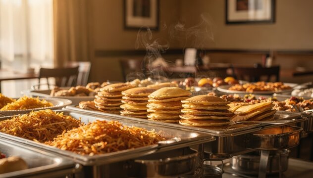 Warm medium shot of a full hot breakfast station with steam rising from food trays like pancakes and hash browns in focus with the rest of the room gently blurred.
