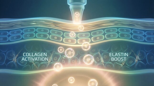Collagen activation elastin boost deep dermis light penetration smooth skin waves rejuvenation glowing cells illustration