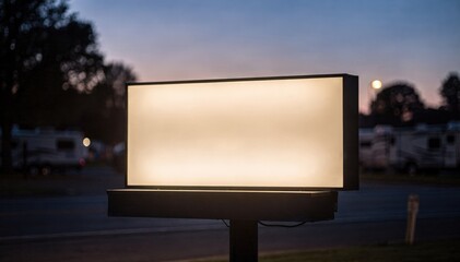 Fototapeta premium Backlit RV park entrance sign glowing against dusk with the signs illuminated text highlighted sharply and surroundings artistically out of focus.