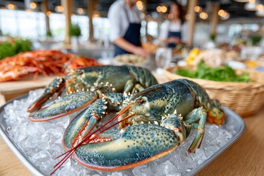  Cigalas frescas colocadas sobre hielo en puesto de mariscos con vendedores al fondo.
