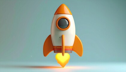 Cartoon Rocket Launching with Flames on Light Blue Background.