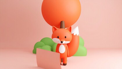 Adorable Fox Figurine with Orange Balloon and Green Hills.