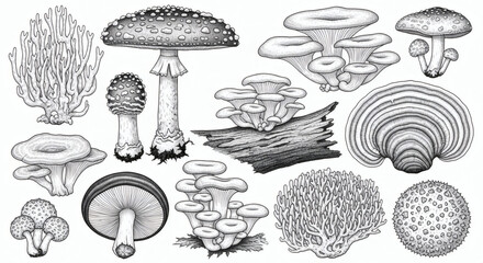 Detailed Illustration of Assorted Fungi in Intricate Line Art 