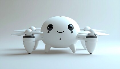 Adorable White Drone with a Smiling Face and Propellers.