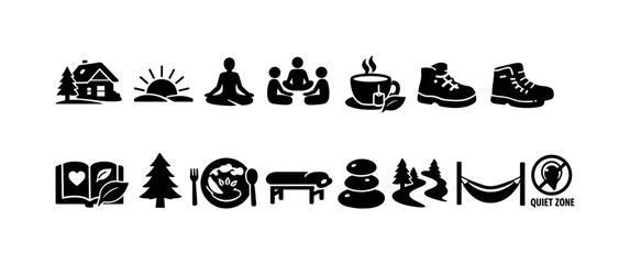 Collection of black icons representing wellness, nature, and outdoor activities