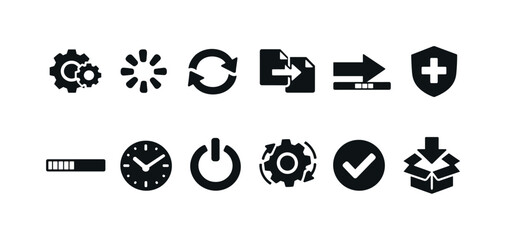 Collection of black interface icons representing loading, settings, and actions
