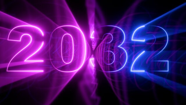 2032 Happy New Year Neon Text Background. Futuristic Blue and Purple Glowing Light Number Concept.