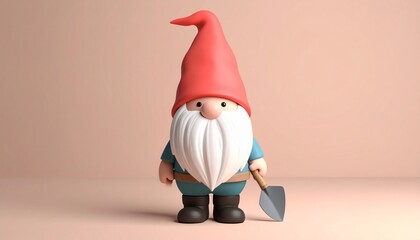 Adorable Garden Gnome with Shovel in 3D Rendering.