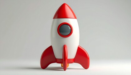 A whimsical 3D rendering of a red and white rocket ship.