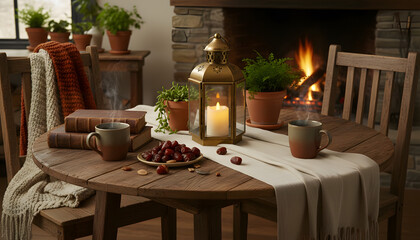 Cozy Living Room Table Decor With Lantern, Dates, Nuts, And Lush Green Plants