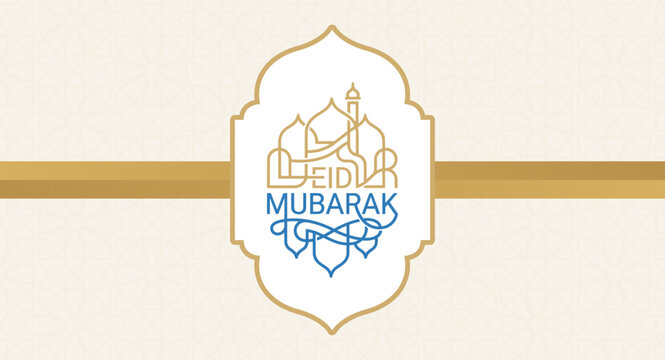 Festive illustration featuring the Eid Mubarak greeting in stylized Kufic typography and thin line mosque architecture. Set on a subtle geometric Islamic pattern background with a horizontal gold stri