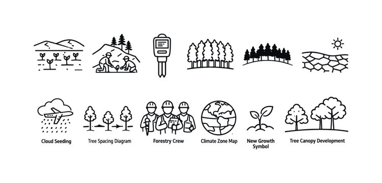 Set of icons illustrating forestry, agriculture, and environmental concepts with clear line art style