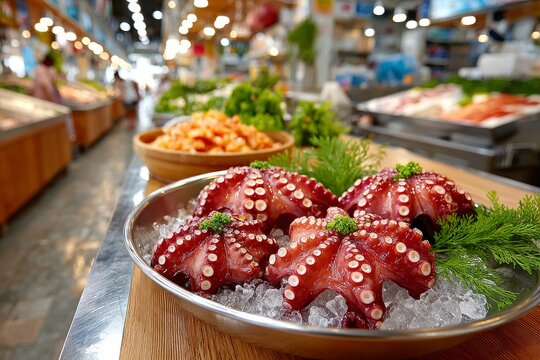  Pulpo fresco con tent&aacute;culos visibles presentado sobre hielo en un mercado de mariscos iluminado.