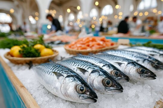  Varias caballas frescas reposan sobre hielo en un mostrador con otros mariscos desenfocados al fondo.