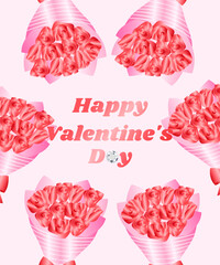 Illustration of a bouquet of roses on a light pink background.