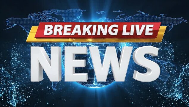 Three dimensional graphic text displaying a breaking live news title over a glowing digital world map background