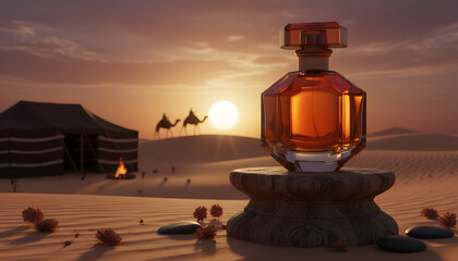 Elegant Amber Perfume Bottle in Desert Sunset With Camels, Tent Camp, and Glowing Sand