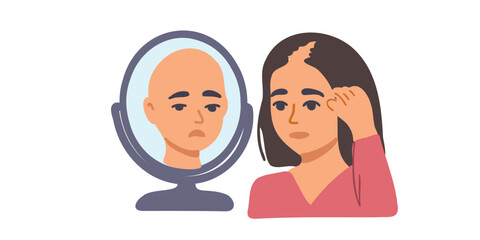 woman with early hair loss looking in mirror at bald reflection